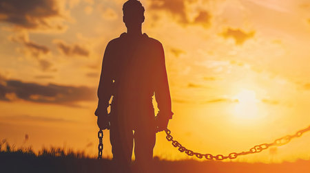 Silhouette man with chain Freedom, Worship and Pray.Repent of wrong doing.Prisoner with break chain power of prayer sunset background.Pray faith hope.Forgive revivalの素材