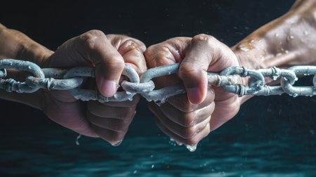 Hands in fists breaking a chain freedom. The concept of gaining freedom.の素材