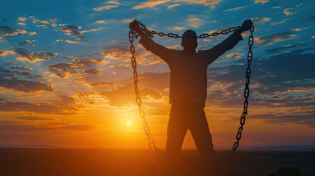 Silhouette man with chain Freedom, Worship and Pray.Repent of wrong doing.Prisoner with break chain power of prayer sunset background.Pray faith hope.Forgive revivalの素材