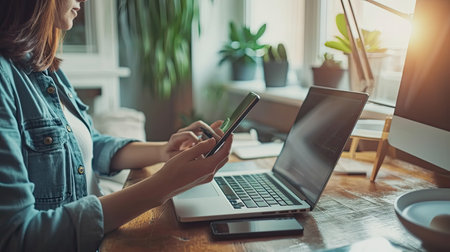 Digital lifestyle blog writer or business person work at home using smart device working on mobile smartphone and computer laptop via internet communication network technology and e-commerce marketing --ar 16:9 --v 6 Job ID: 2745b611-5c96-4f41-851b-3ab810a962aaの素材
