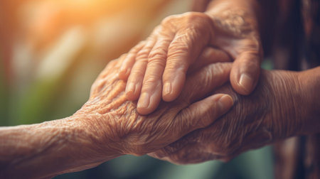 Disability awareness day, aging society concept with Parkinson disease, Alzheimer patient, elderly senior citizen person's hand with Arthritis pain in nursing family care giving of caregiver supportの素材