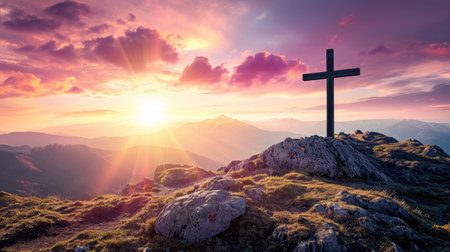 cross on mountain sunset backgroundの素材