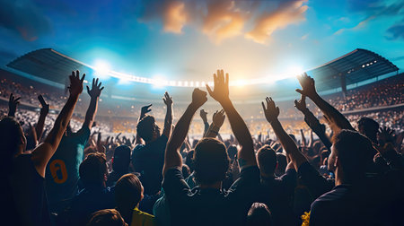 Celebrating concept: Silhouettes football fans club raising hands over stadiumの素材
