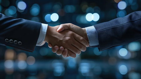 Agree concept: Two businessman handshake on dark room backgroundの素材