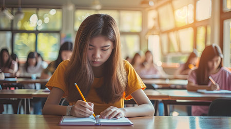 School exam, student taking educational admission test in class, thinking hard, writing answer in university classroom, education and world literacy day conceptの素材