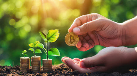 Father's day concept: Hand of father give one coin with small plant into stacks of golden coins in hands of sonの素材