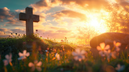 Good Friday concept: Empty tomb stone with cross on meadow sunrise backgroundの素材