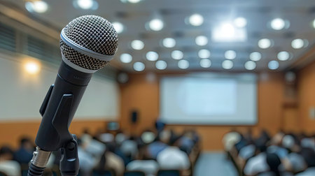 Microphone voice speaker with audiences or students in seminar classroom, lecture hall or conference meeting in educational business event for host, teacherの素材