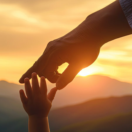 World autism awareness day concept: Child's hand holding parent's finger on blurred mountain sunset backgroundの素材