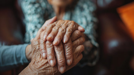 Disability awareness day, aging society concept with Parkinson disease, Alzheimer patient, elderly senior citizen person's hand with Arthritis pain in nursing family care giving of caregiver supportの素材