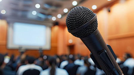 Microphone voice speaker with audiences or students in seminar classroom, lecture hall or conference meeting in educational business event for host, teacherの素材