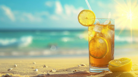 Cold drink with ice and a slice of lemon on the beach on a hot summer dayの素材