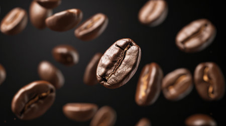 Coffee beans in flight on a dark background --ar 16:9 --v 6 Job ID: 4d8a9269-4a9f-492f-918f-199bca8698beの素材