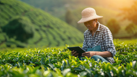 Farmer Tea Plantation checking quality by tablet agriculture modern technology Concept.の素材