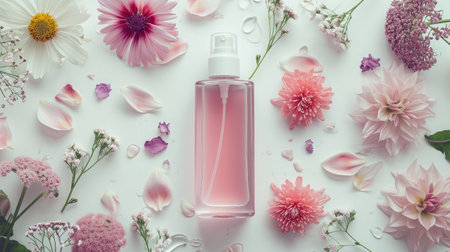 Cosmetics - beauty product mockup with blank bottle with pink liquid soap or shower gel on a white surface surrounded by different delicate flower petalsの素材