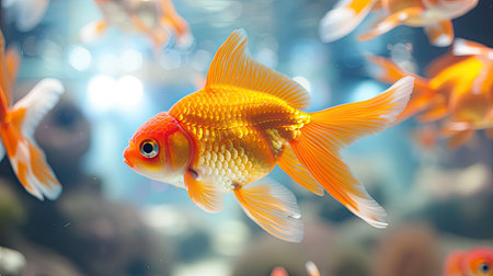 Goldfish swimming in a glass tankの素材