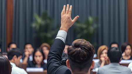 businessman raising hand during seminar. Businessman Raising Hand Up at a Conference to answer a question.の素材