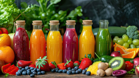 Colorful juices in glass bottles that are placed on the background of fruits and vegetables. --ar 16:9 --v 6 Job ID: 2c40bd38-7a62-495d-87bd-180b83db0fddの素材