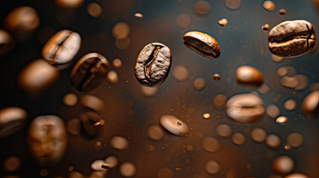 Coffee beans in flight on a dark background --ar 16:9 --v 6 Job ID: 7660f56e-06ff-4378-92f7-61be60945dcdの素材
