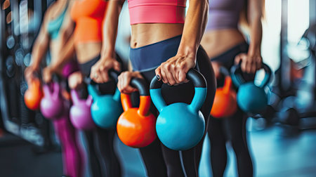 fitness ,workout, gym exercise ,lifestyle and healthy concept.Woman in exercise gear standing in a row holding dumbbells during an exercise class at the gym.の素材