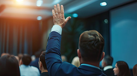 businessman raising hand during seminar. Businessman Raising Hand Up at a Conference to answer a question.の素材