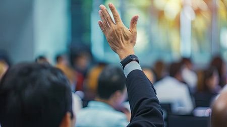 businessman raising hand during seminar. Businessman Raising Hand Up at a Conference to answer a question.の素材