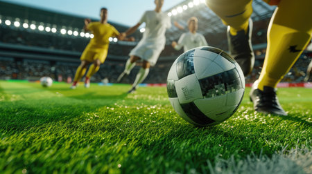 Close up of a football action scene with competing soccer players at the stadiumの素材