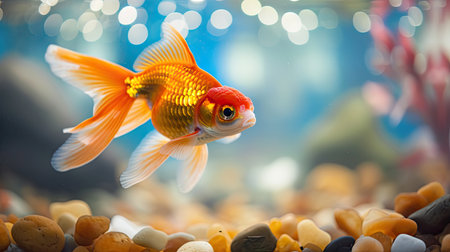 Goldfish swimming in a glass tankの素材