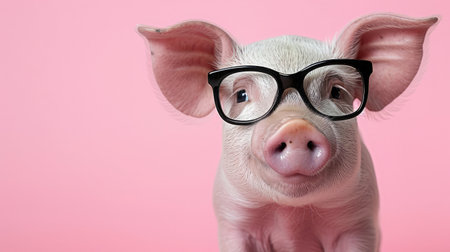 front of a pig wearing glasses on a pink background.の素材