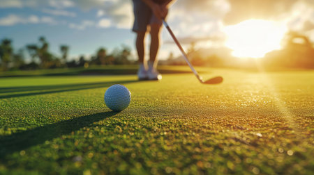 Golfer putting ball on the green golf, lens flare on sun set evening time.の素材