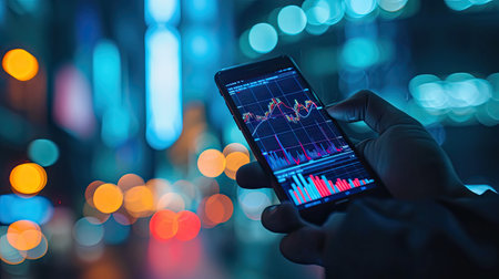 investment, graph, finance, financial, investing, technology, buy, sell, price, business. view at smartphone to check my position investment via indicator and experience.の素材