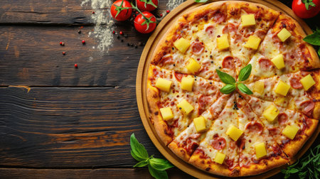 hawaiian pizza rustic table background , Hawaiian pizza on wooden plateの素材