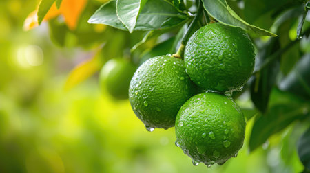 limes tree in the garden are excellent source of vitamin C. Green organic lime citrus fruit hanging on treeの素材