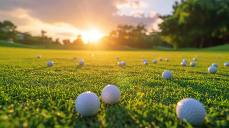 lifestyle, golf, activity, outdoor, sport, golfer concept. Golf balls that are going to be hole by golfers at the green grass golf course at sunset.の素材