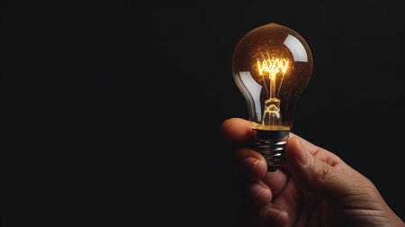 light bulb hold in hand on black backgroundの素材