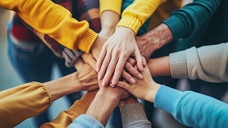 Panoramic Teamwork,empathy,partnership and Social connection in business join hand together concept.Hand of diverse people connectingの素材