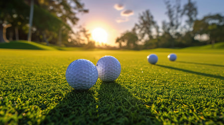lifestyle, golf, activity, outdoor, sport, golfer concept. Golf balls that are going to be hole by golfers at the green grass golf course at sunset.の素材