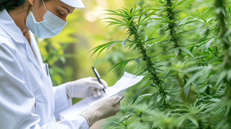 Researchers research and record data from cannabis plants on hemp farms. Medical marijuana, cbd and hash oil, Concept of herbal alternative medicine, cbd oil, pharmaceptical industry --ar 16:9 --v 6 Job ID: acb1afa1-d438-4edc-9e30-fb33301e3738の素材