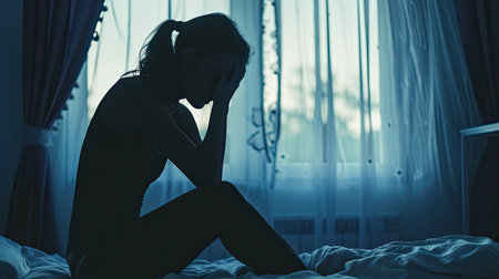 Silhouette of depressed woman sitting in bedroom Beset by health problems accumulated stress Relationship problemの素材