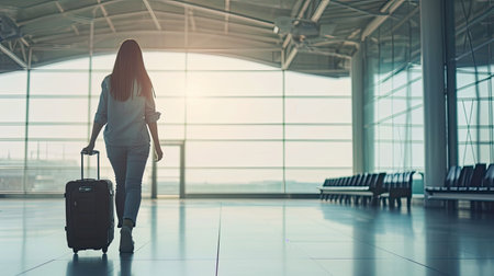 Young woman pulling suitcase in airport terminal. Copy spaceの素材