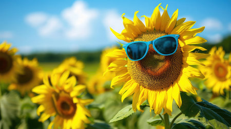 sunflowers in the field , sunflowers wearing sunglasses in summerの素材