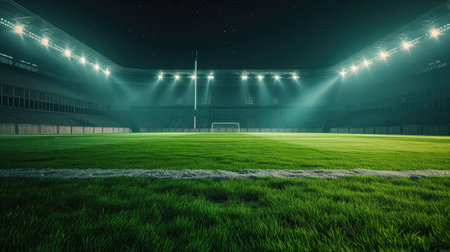 universal grass stadium illuminated by spotlights and empty green playgroundの素材