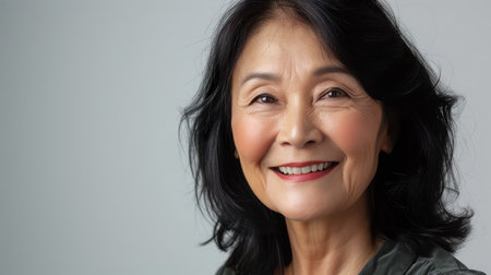 Beautiful Mature Asian Woman Smiles Broadly In Studio. Right Side Tonned Closed-Up Portrait. White Background.の素材