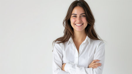 Cheerful brunette business woman student in white button up shirt, smiling confident and cheerful with arms folded, isolated on a white backgroundの素材