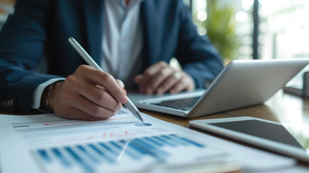 Business documents, touchpad and pen at workplace on background of male employee --ar 16:9 --v 6 Job ID: 91500cb5-bf97-4f6c-a210-4077a851b76cの素材