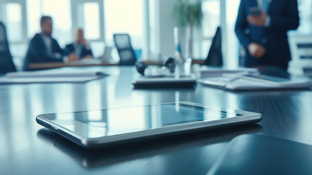 Close up of smart phone and tablet computer at office meeting room. Business people group interacting in background.の素材