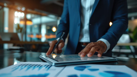 Business documents, touchpad and pen at workplace on background of male employee --ar 16:9 --v 6 Job ID: 1e2c8c7b-48e5-4316-a0c4-8627e89a9c33の素材