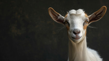 Goat close-up on a dark background. Space for textの素材