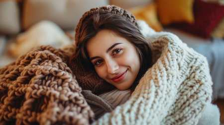 Happy young woman sitting on sofa at home and looking at camera. Portrait of comfortable woman in winter clothes relaxing on armchair. Portrait of beautiful girl smiling and relaxing during autumnの素材
