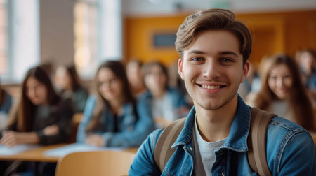 Happy university student going on a class at the university and looking at camera.の素材